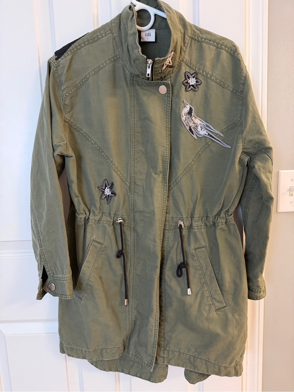 CAbi Hanson Anorak Olive Embroidered Utility Jacket with Bird Appliqués
